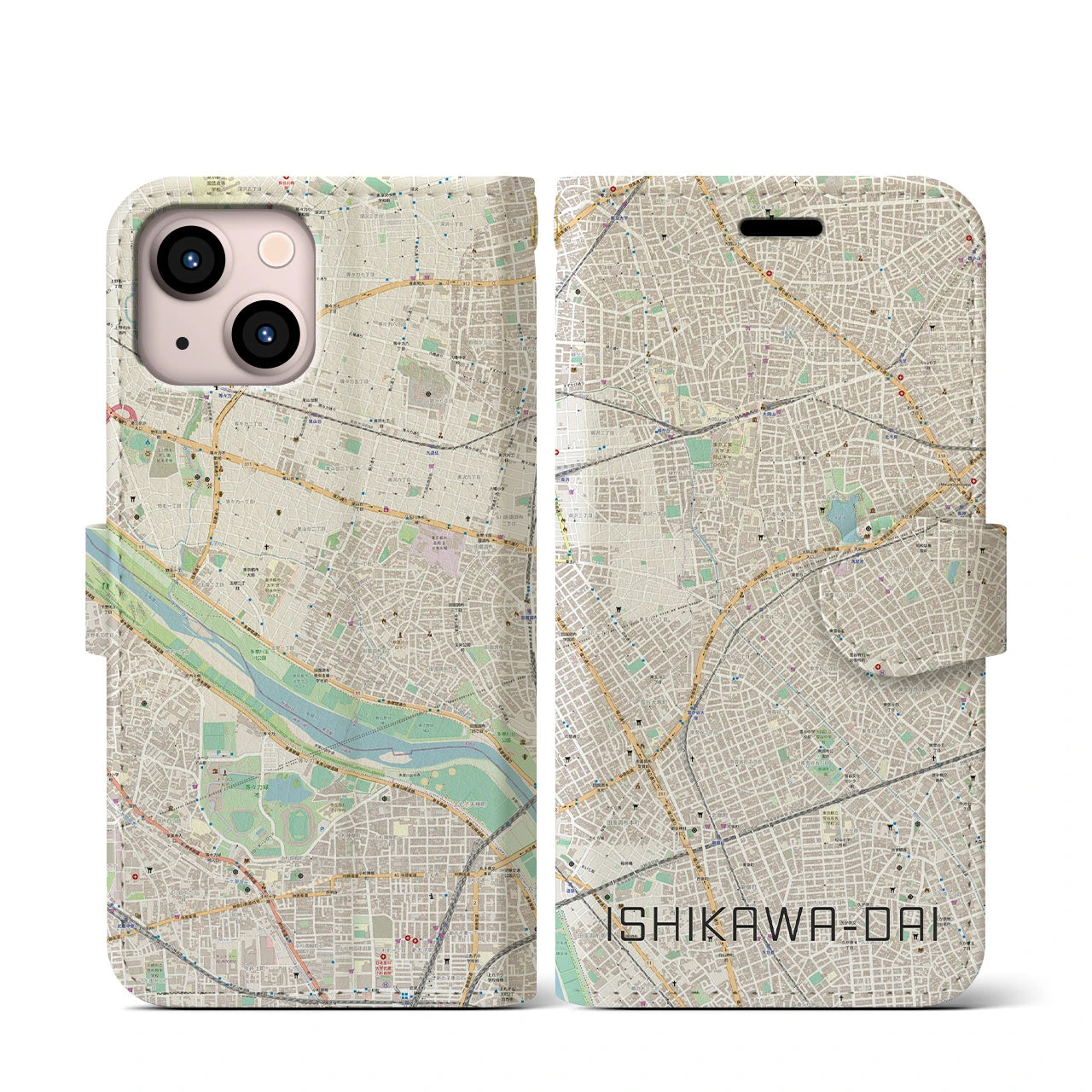【石川台(東京都)】地図柄iPhoneケース(手帳タイプ)ナチュラル・iPhone 13 mini 用