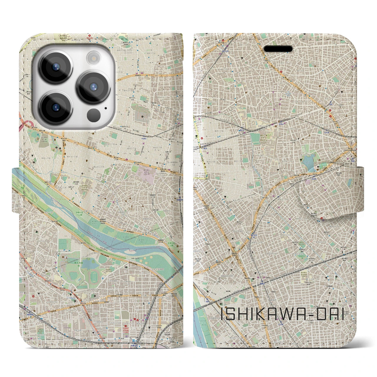 【石川台(東京都)】地図柄iPhoneケース(手帳タイプ)ナチュラル・iPhone 14 Pro 用