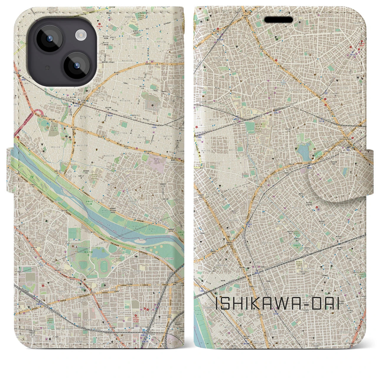 【石川台(東京都)】地図柄iPhoneケース(手帳タイプ)ナチュラル・iPhone 14 Plus 用
