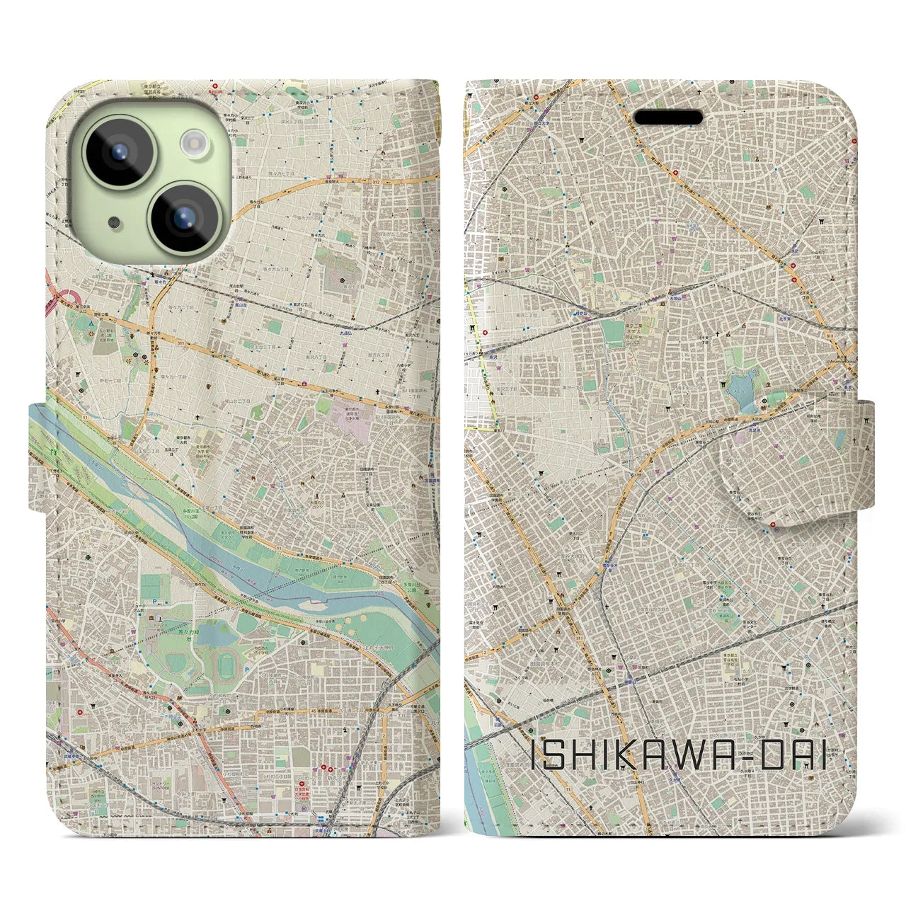 【石川台(東京都)】地図柄iPhoneケース(手帳タイプ)ナチュラル・iPhone 15 用