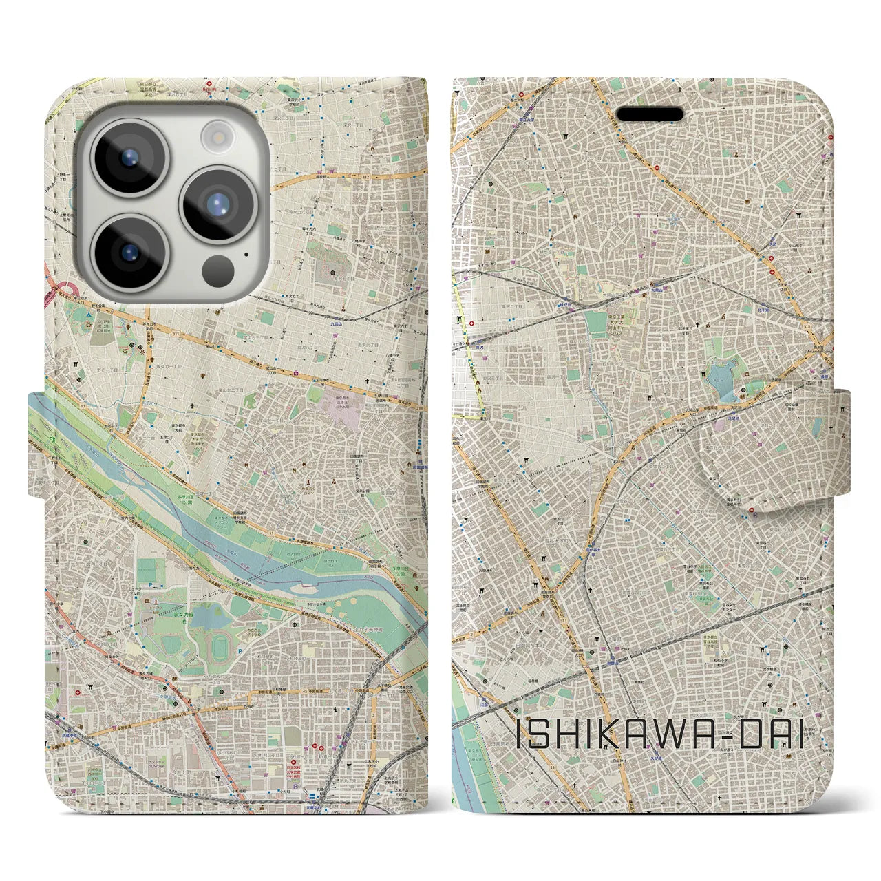 【石川台(東京都)】地図柄iPhoneケース(手帳タイプ)ナチュラル・iPhone 15 Pro 用