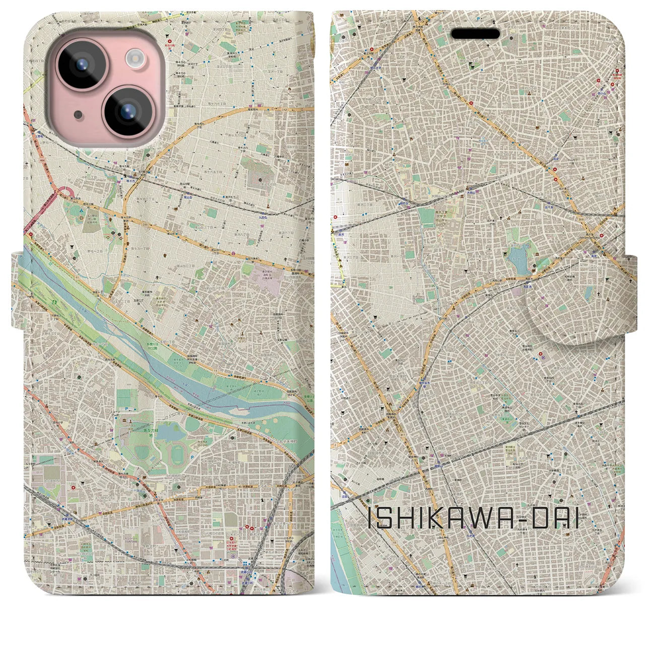 【石川台(東京都)】地図柄iPhoneケース(手帳タイプ)ナチュラル・iPhone 15 Plus 用