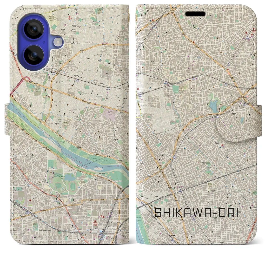 【石川台(東京都)】地図柄iPhoneケース(手帳タイプ)ナチュラル・iPhone 16 Pro Max 用