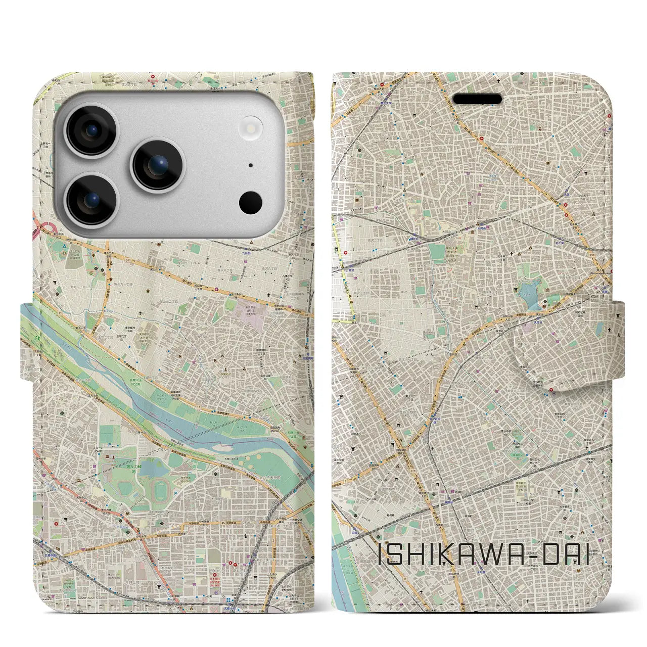 【石川台(東京都)】地図柄iPhoneケース(手帳タイプ)ナチュラル・iPhone 17 Pro Max 用