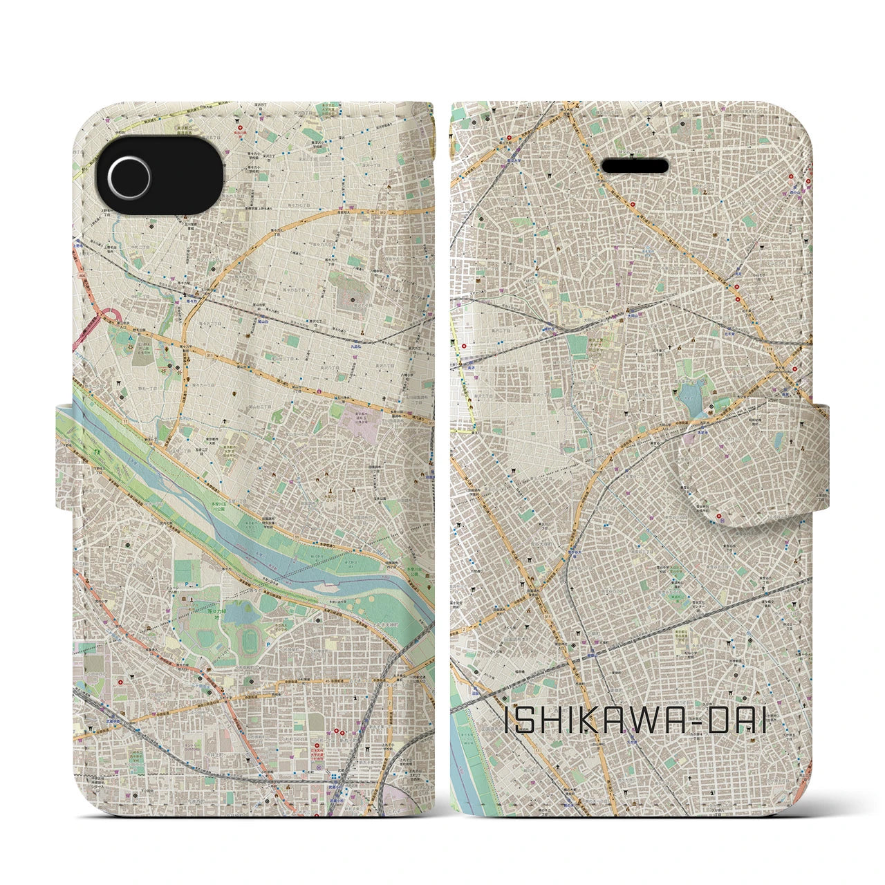 【石川台(東京都)】地図柄iPhoneケース(手帳タイプ)ナチュラル・iPhone SE(第3 / 第2世代) / 8 / 7 / 6s / 6 用