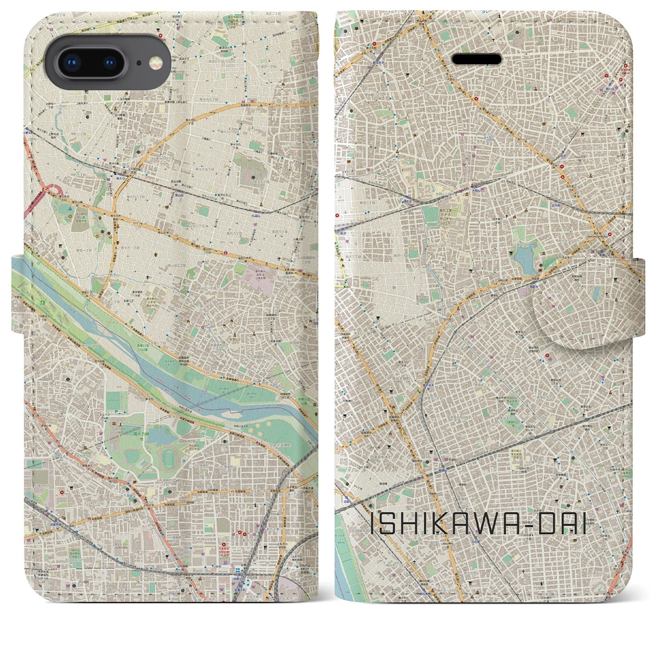 【石川台(東京都)】地図柄iPhoneケース(手帳タイプ)ナチュラル・iPhone 8Plus /7Plus / 6sPlus / 6Plus 用