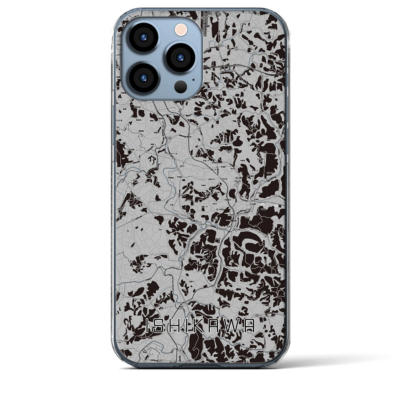 【石川(福島県)】地図柄iPhoneケース(クリアタイプ)モノトーン・iPhone 13 Pro Max 用
