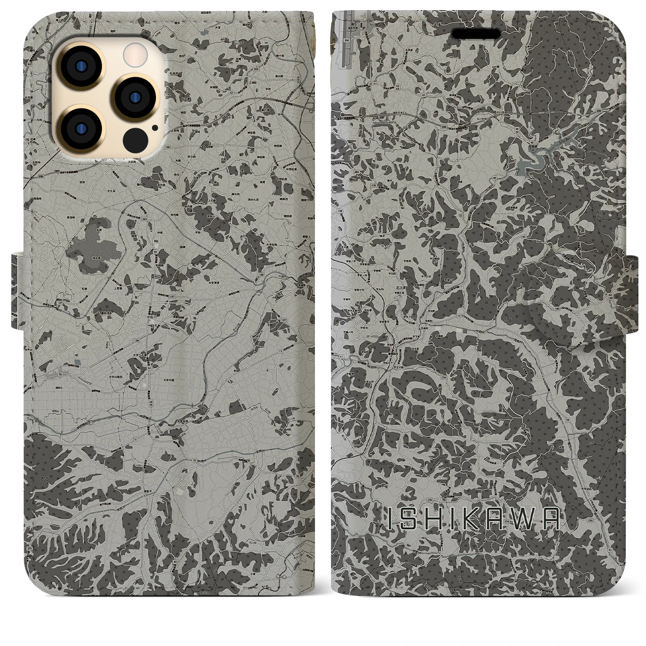 【石川(福島県)】地図柄iPhoneケース(手帳タイプ)モノトーン・iPhone 12 Pro Max 用