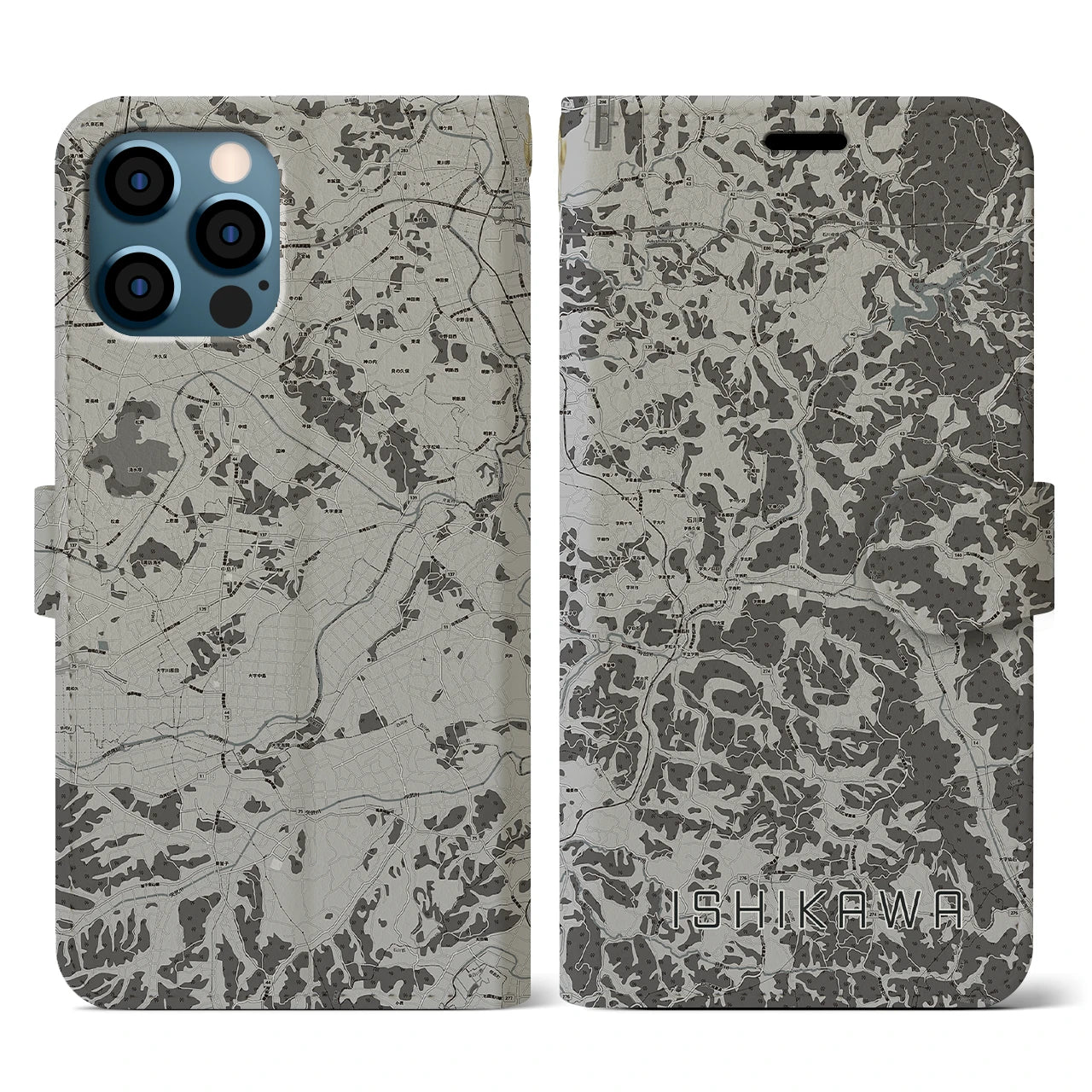 【石川(福島県)】地図柄iPhoneケース(手帳タイプ)モノトーン・iPhone 12 / 12 Pro 用