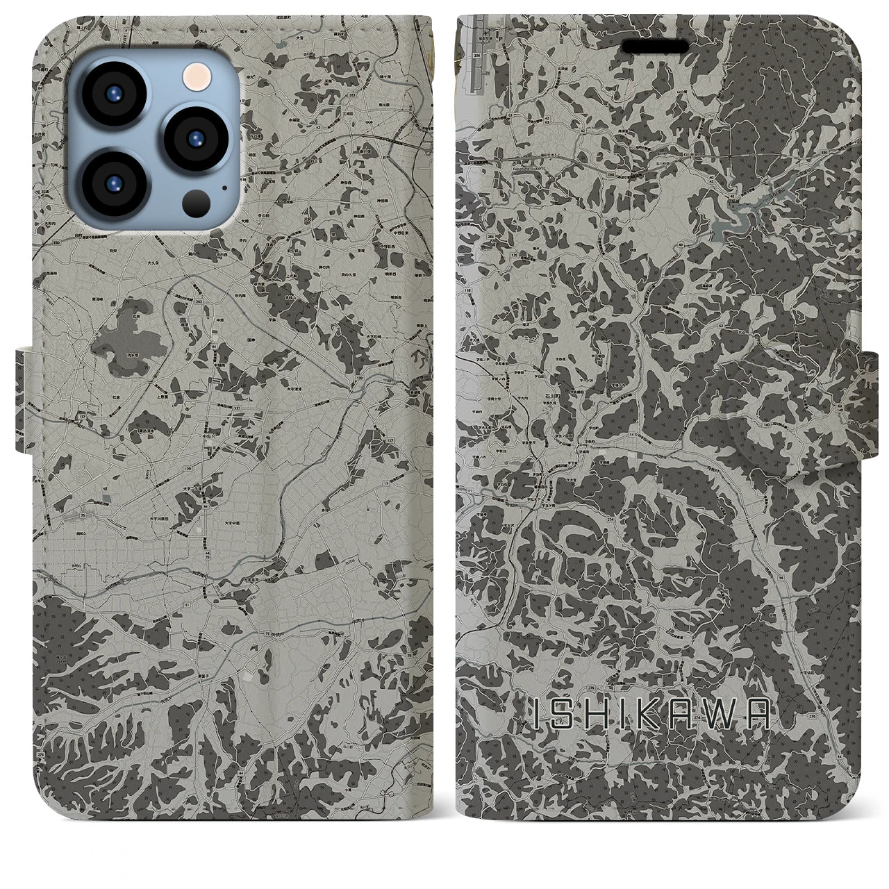 【石川(福島県)】地図柄iPhoneケース(手帳タイプ)モノトーン・iPhone 13 Pro Max 用