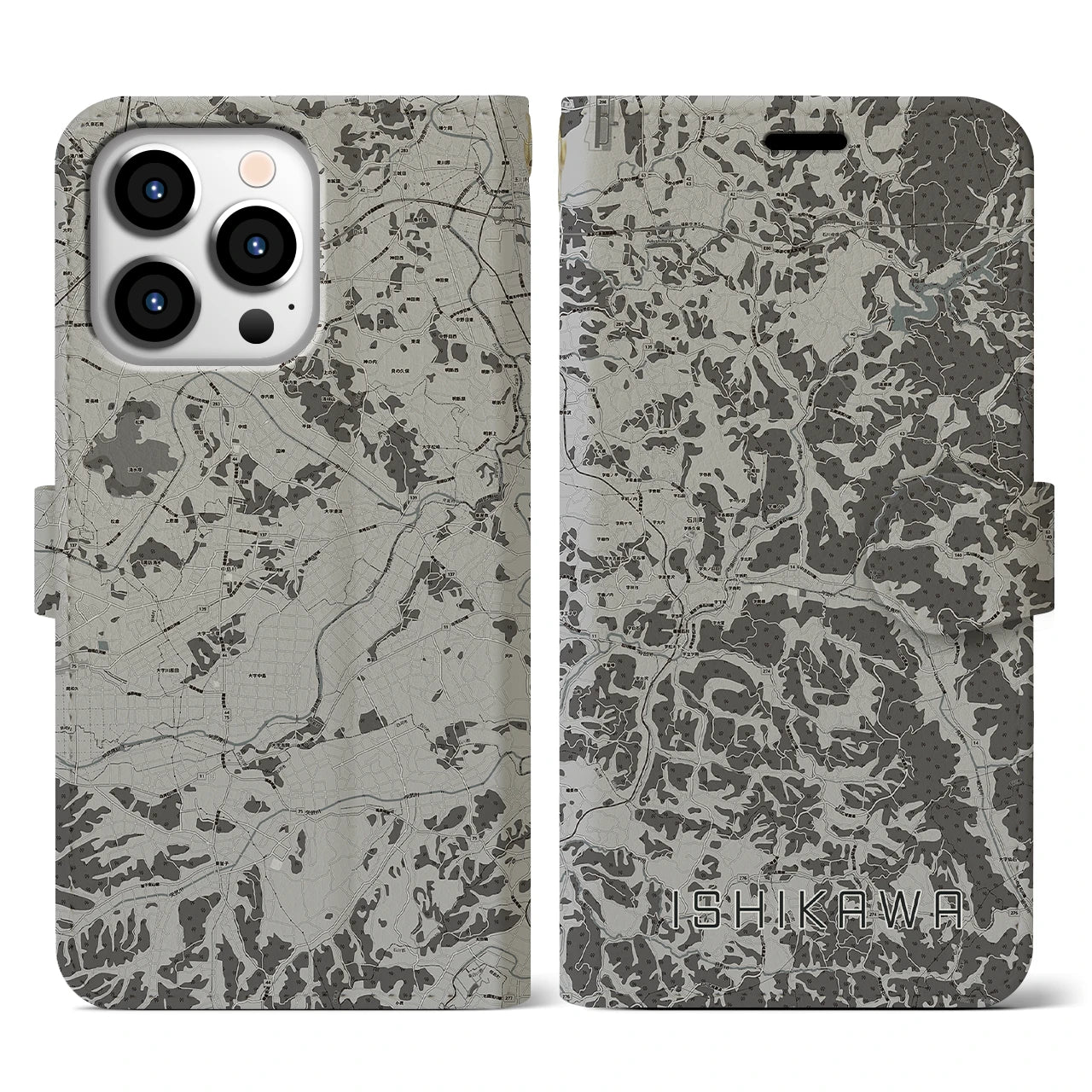 【石川(福島県)】地図柄iPhoneケース(手帳タイプ)モノトーン・iPhone 13 Pro 用