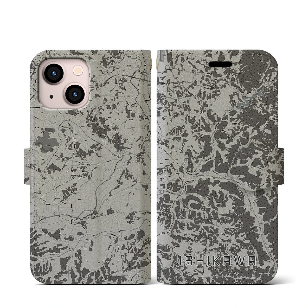 【石川(福島県)】地図柄iPhoneケース(手帳タイプ)モノトーン・iPhone 13 mini 用