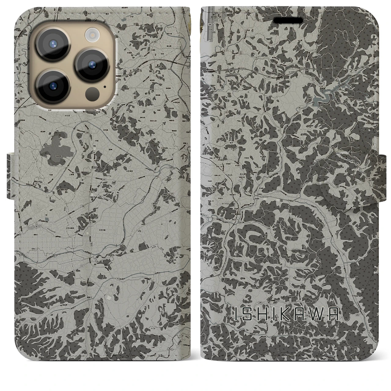 【石川(福島県)】地図柄iPhoneケース(手帳タイプ)モノトーン・iPhone 14 Pro Max 用