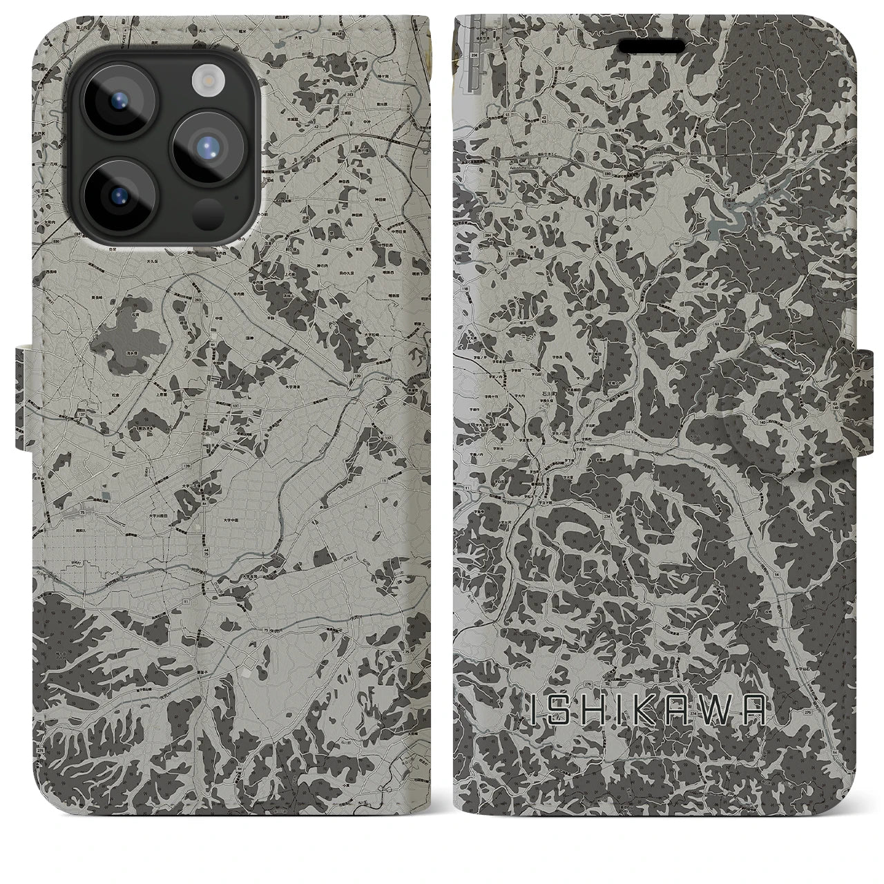 【石川(福島県)】地図柄iPhoneケース(手帳タイプ)モノトーン・iPhone 15 Pro Max 用