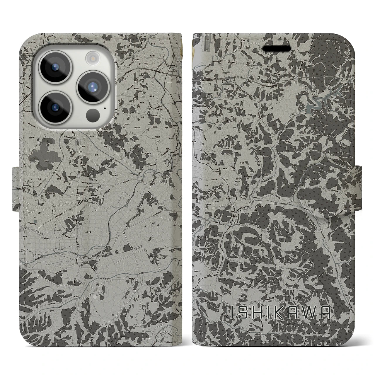 【石川(福島県)】地図柄iPhoneケース(手帳タイプ)モノトーン・iPhone 15 Pro 用