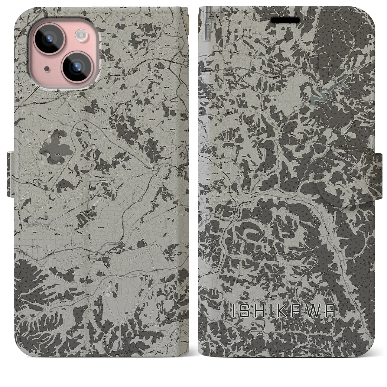 【石川(福島県)】地図柄iPhoneケース(手帳タイプ)モノトーン・iPhone 15 Plus 用