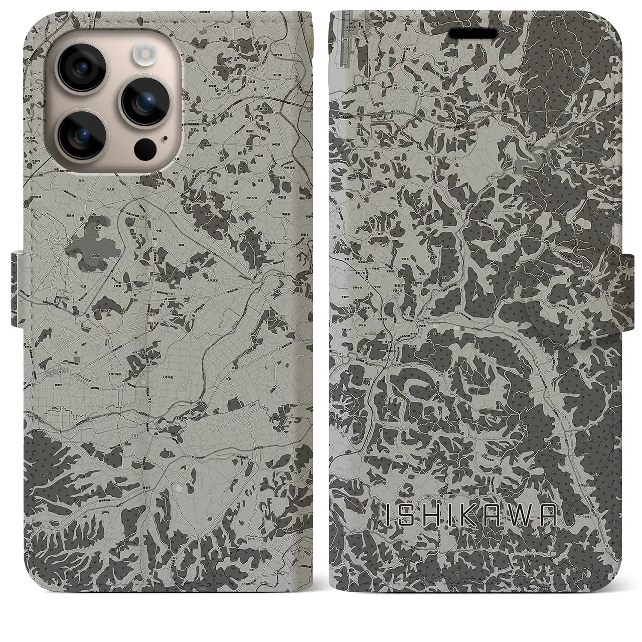 【石川(福島県)】地図柄iPhoneケース(手帳タイプ)モノトーン・iPhone 16 Plus 用