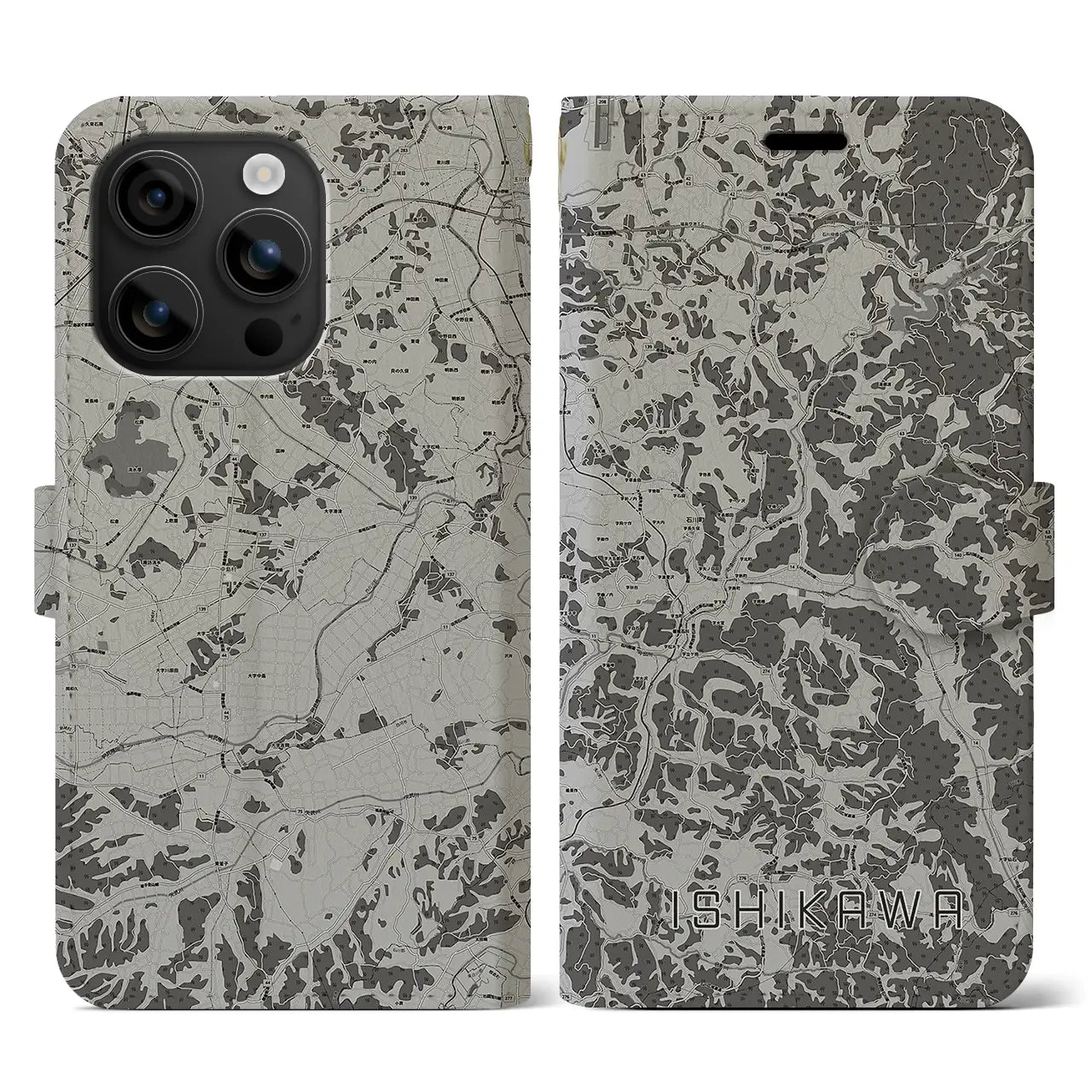 【石川(福島県)】地図柄iPhoneケース(手帳タイプ)モノトーン・iPhone 16 用