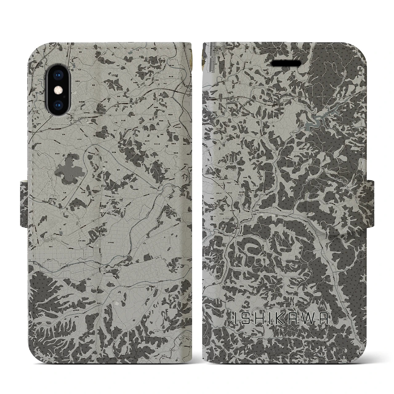 【石川(福島県)】地図柄iPhoneケース(手帳タイプ)モノトーン・iPhone XS / X 用
