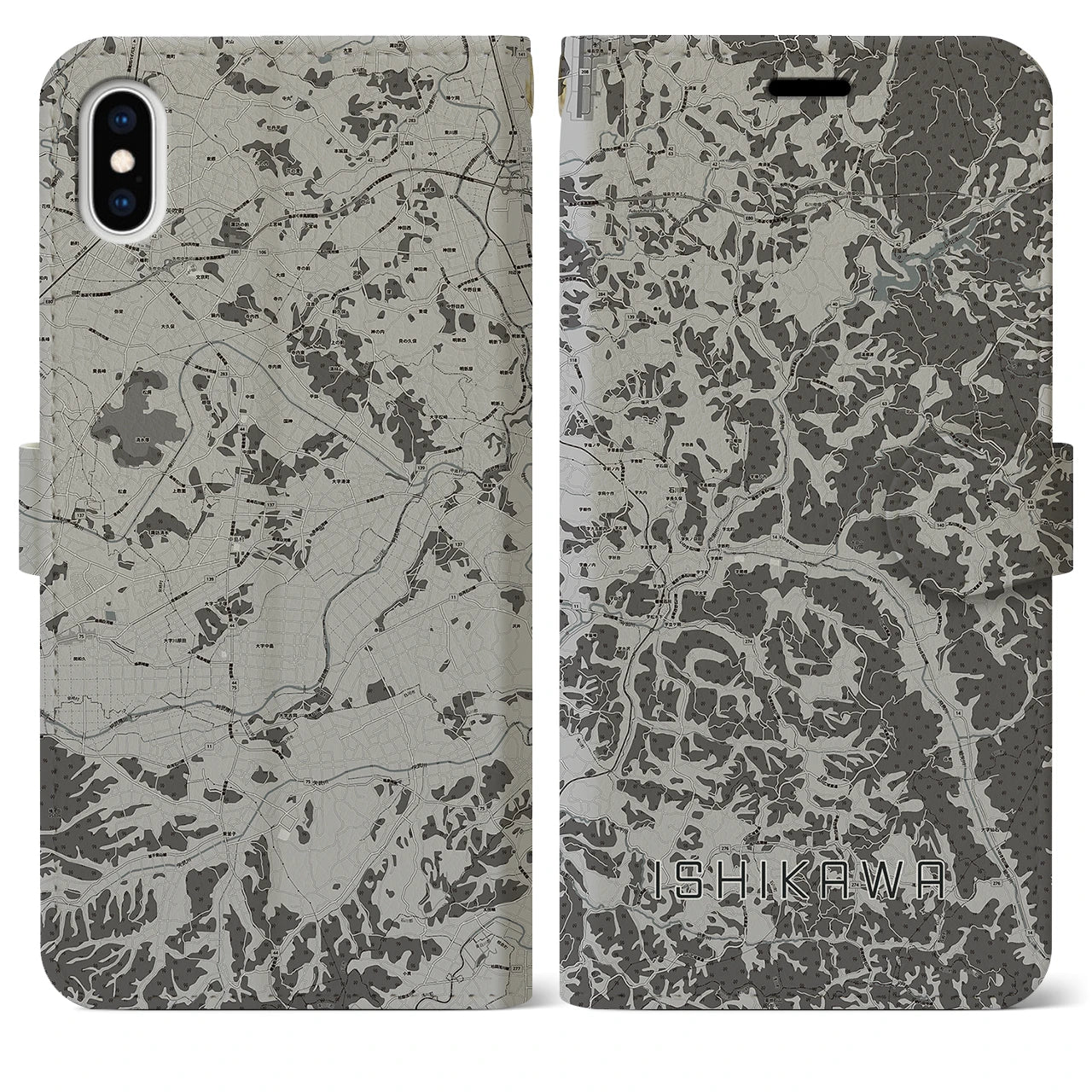 【石川(福島県)】地図柄iPhoneケース(手帳タイプ)モノトーン・iPhone XS Max 用