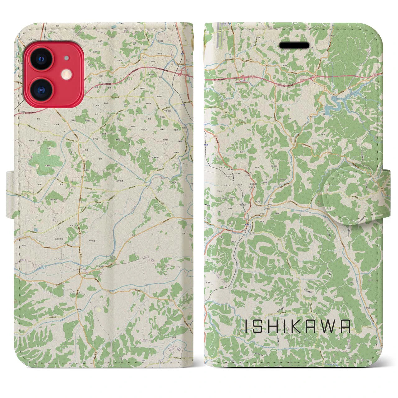 【石川(福島県)】地図柄iPhoneケース(手帳タイプ)ナチュラル・iPhone 11 用