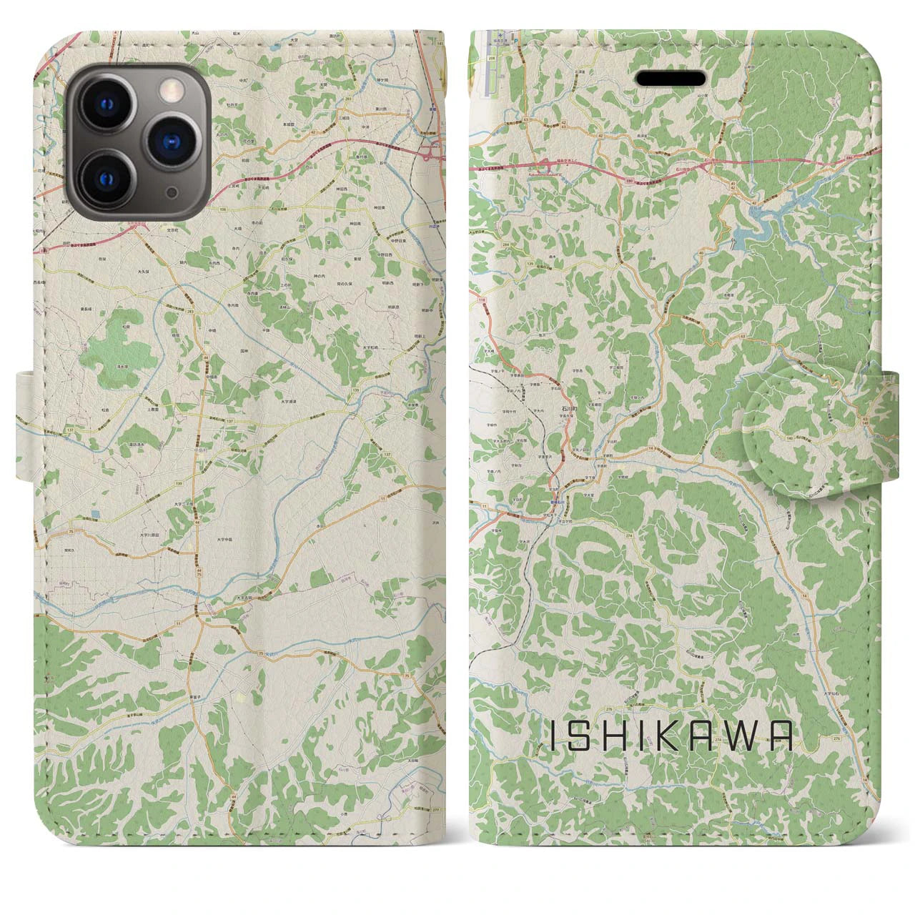 【石川(福島県)】地図柄iPhoneケース(手帳タイプ)ナチュラル・iPhone 11 Pro Max 用