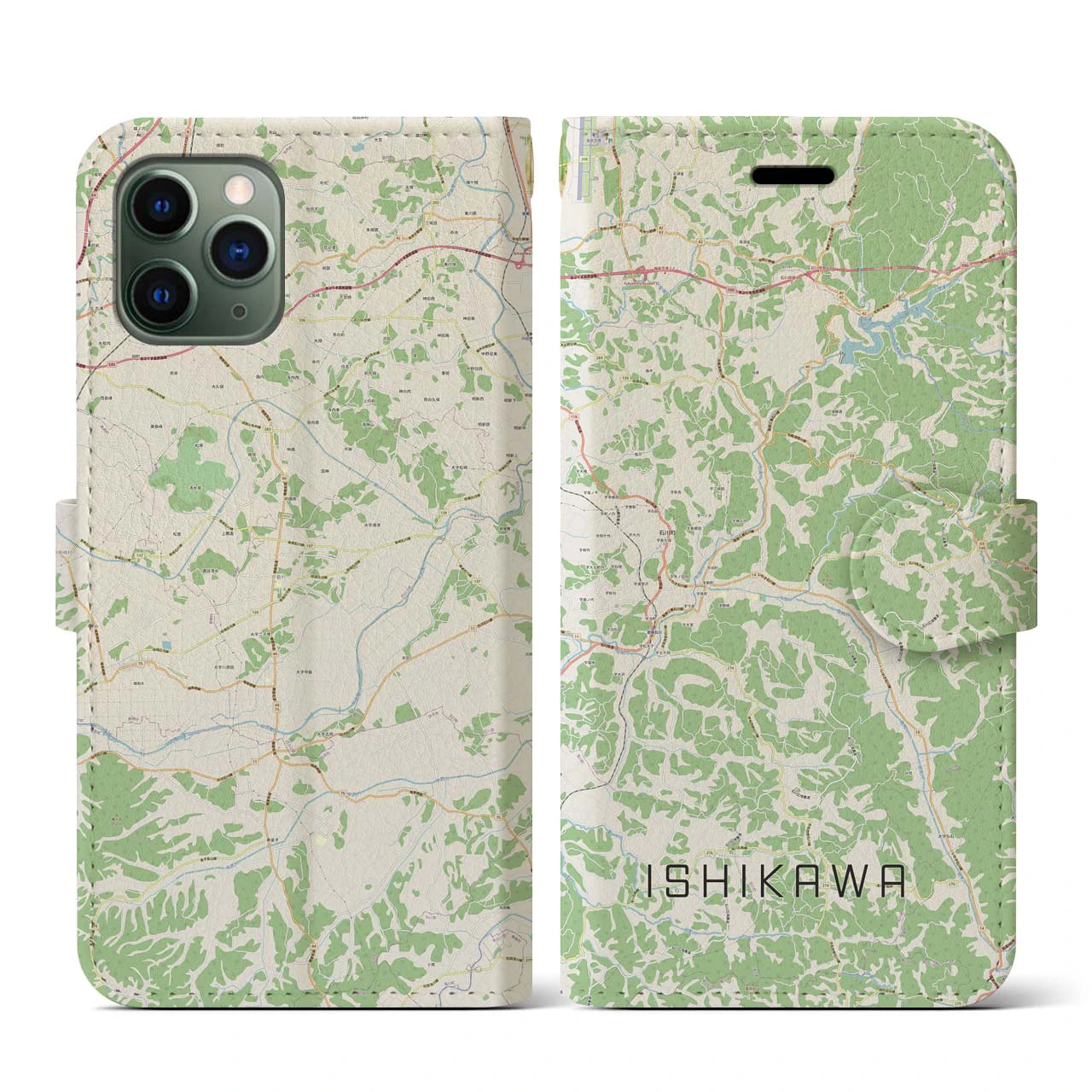 【石川(福島県)】地図柄iPhoneケース(手帳タイプ)ナチュラル・iPhone 11 Pro 用