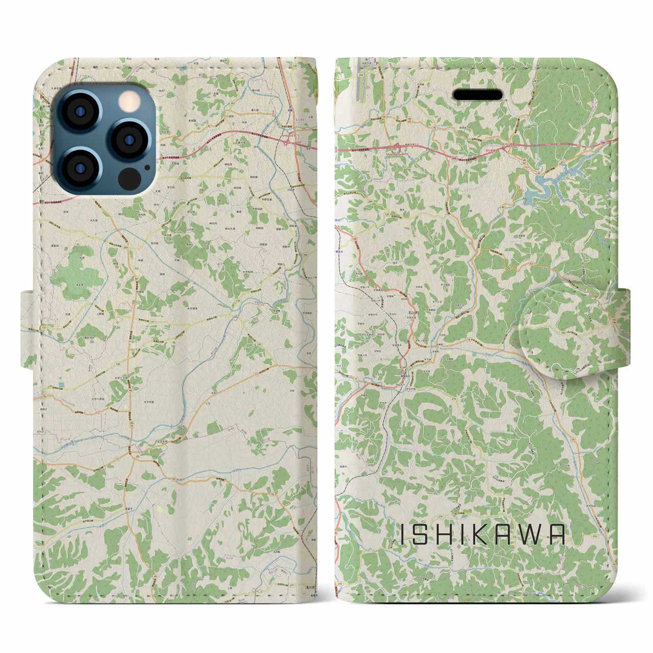【石川(福島県)】地図柄iPhoneケース(手帳タイプ)ナチュラル・iPhone 12 / 12 Pro 用