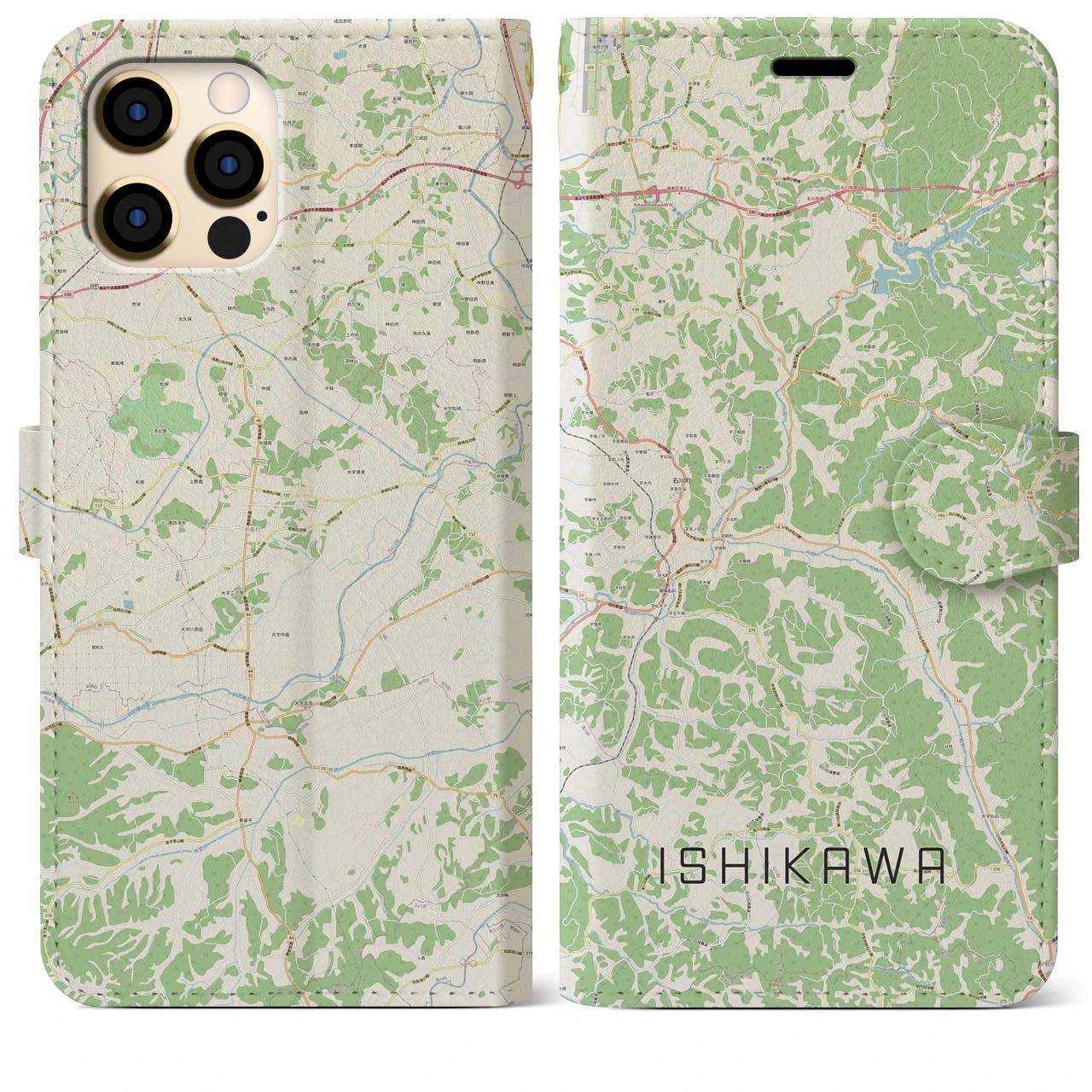 【石川(福島県)】地図柄iPhoneケース(手帳タイプ)ナチュラル・iPhone 12 Pro Max 用
