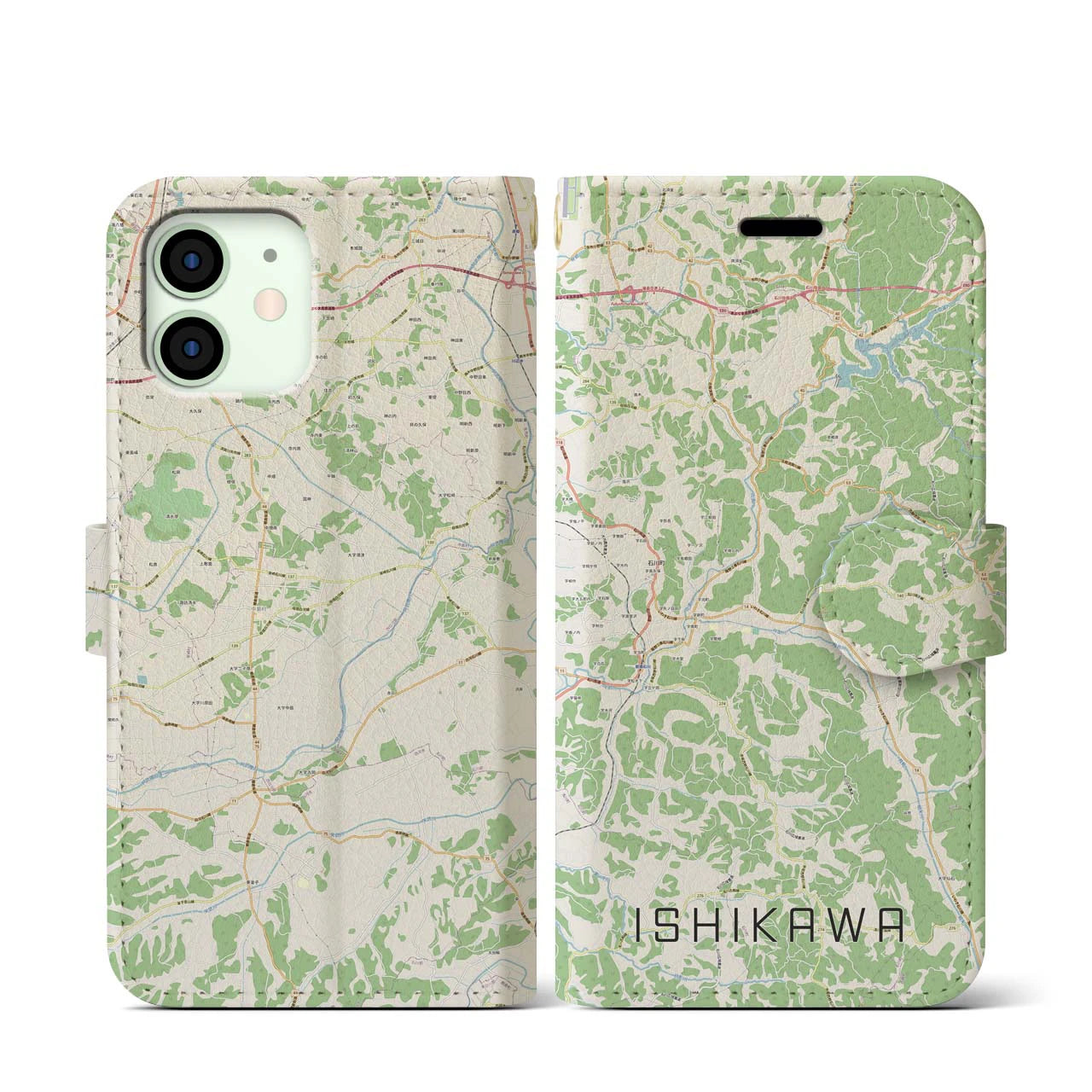 【石川(福島県)】地図柄iPhoneケース(手帳タイプ)ナチュラル・iPhone 12 mini 用