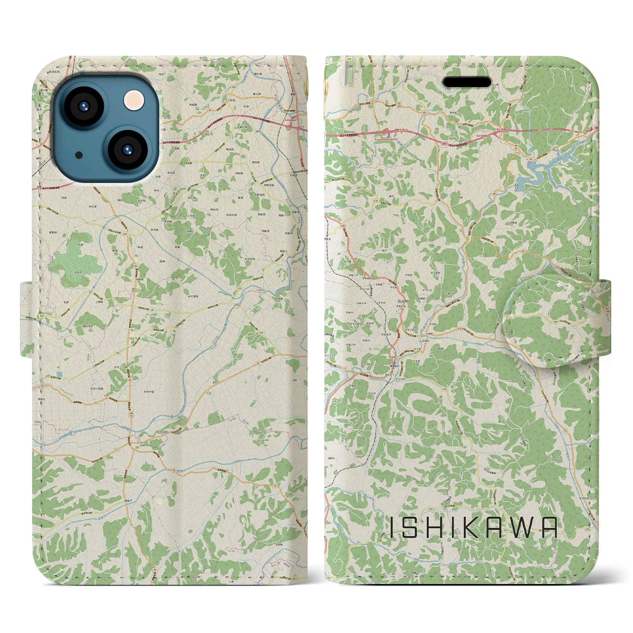 【石川(福島県)】地図柄iPhoneケース(手帳タイプ)ナチュラル・iPhone 13 用