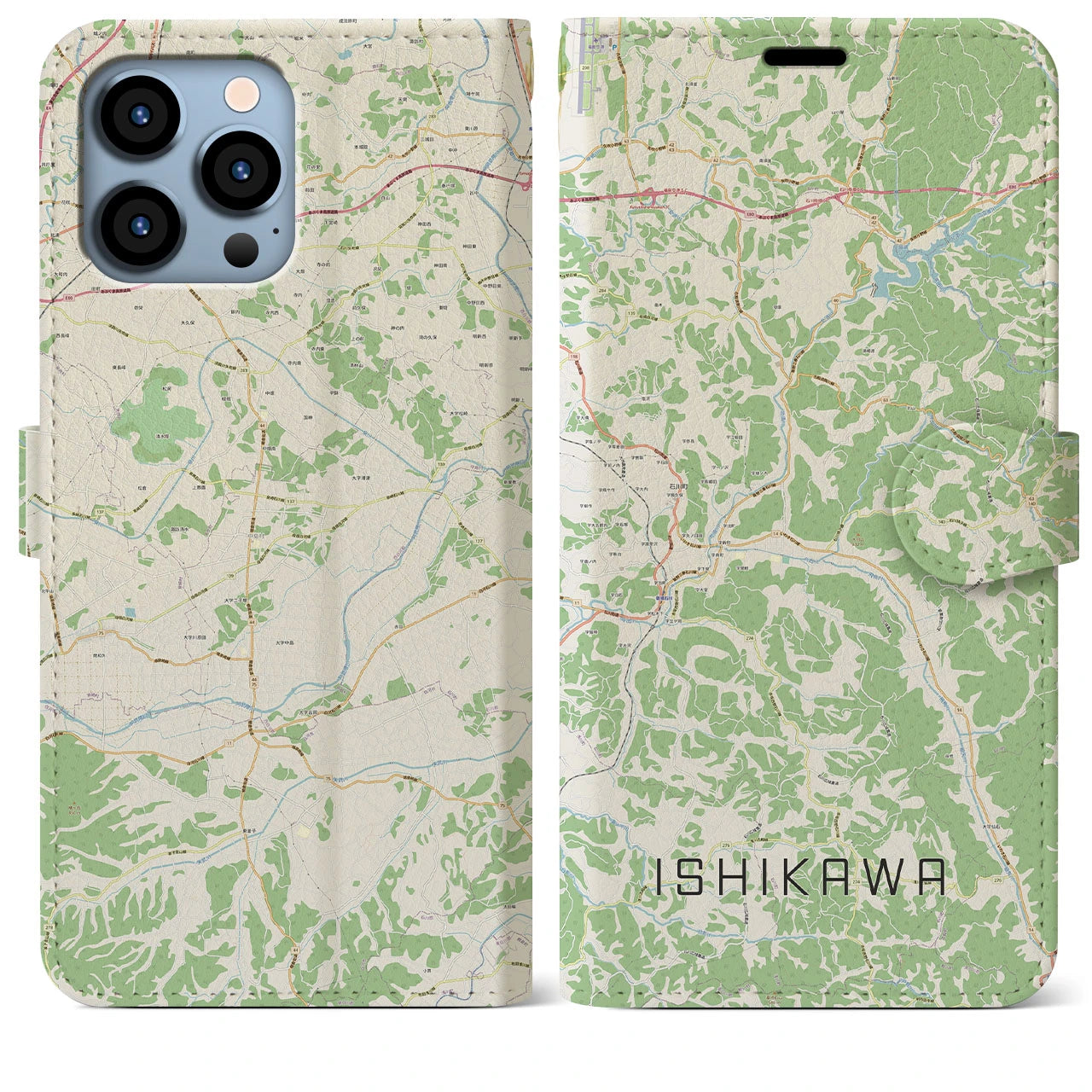 【石川(福島県)】地図柄iPhoneケース(手帳タイプ)ナチュラル・iPhone 13 Pro Max 用