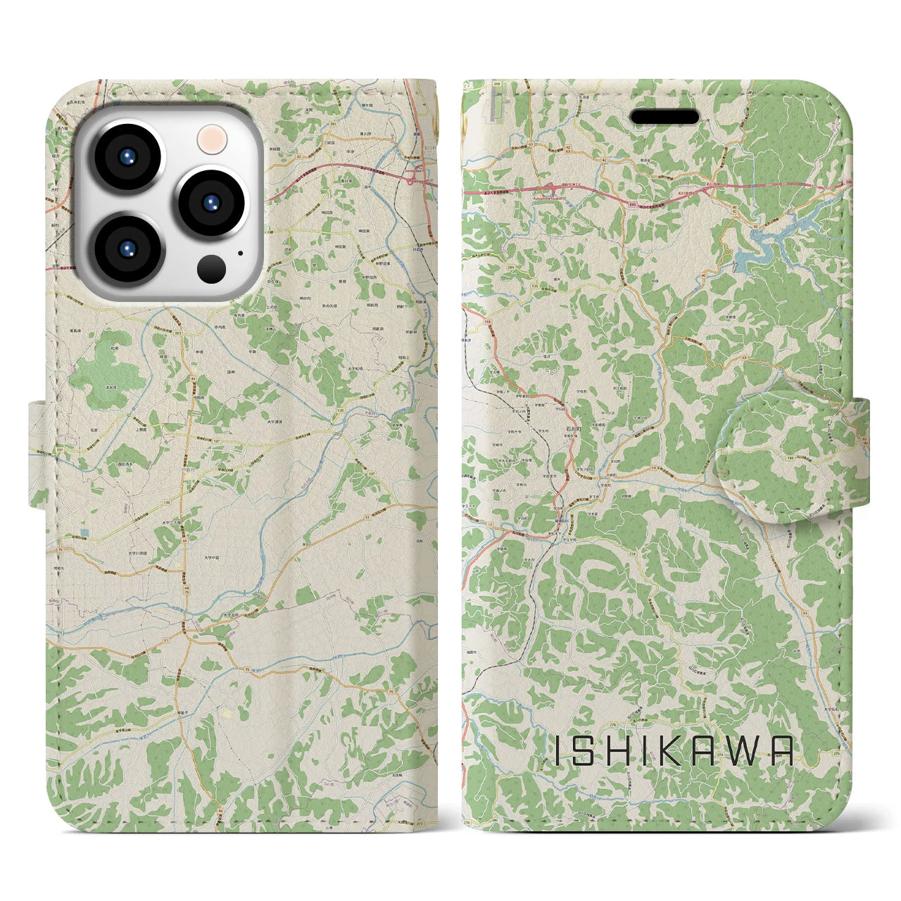 【石川(福島県)】地図柄iPhoneケース(手帳タイプ)ナチュラル・iPhone 13 Pro 用