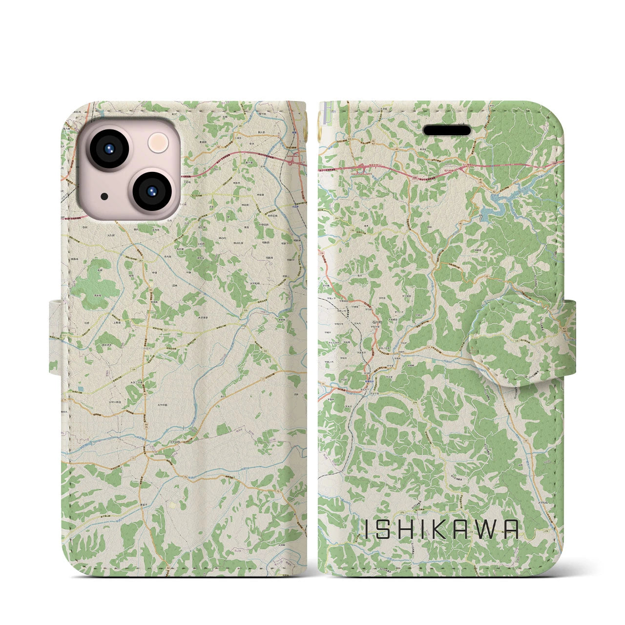【石川(福島県)】地図柄iPhoneケース(手帳タイプ)ナチュラル・iPhone 13 mini 用