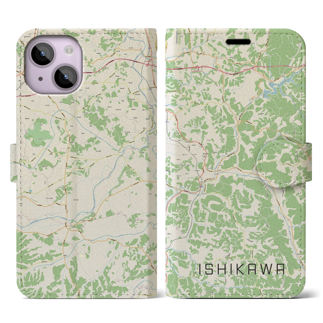 【石川(福島県)】地図柄iPhoneケース(手帳タイプ)ナチュラル・iPhone 14 用