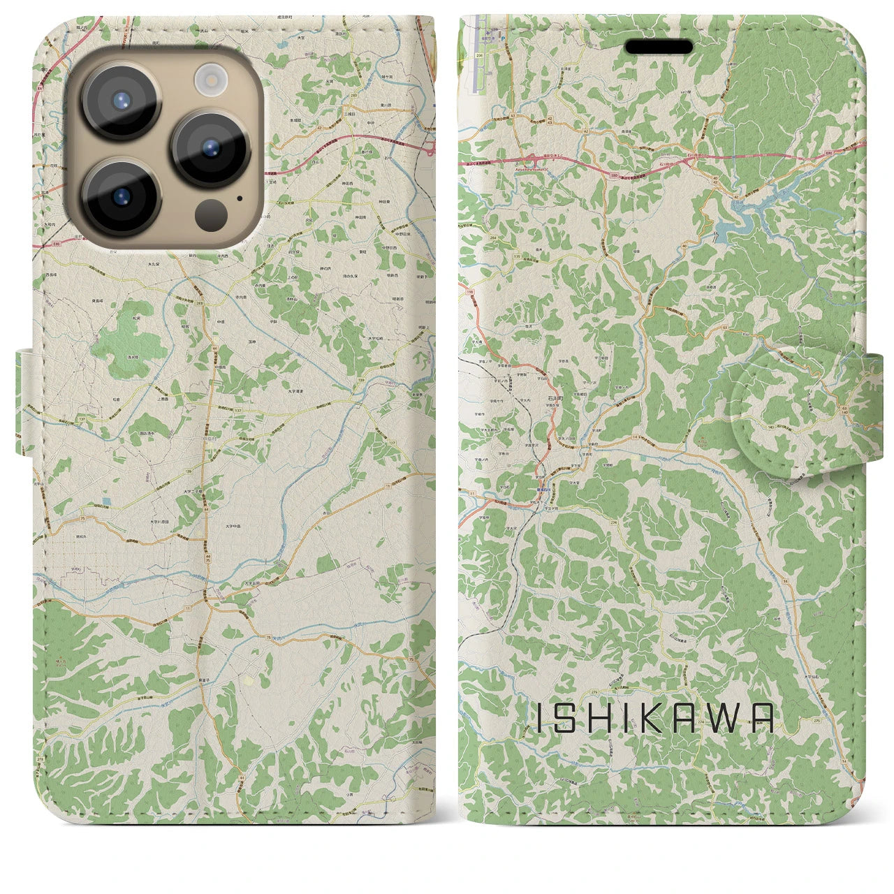 【石川(福島県)】地図柄iPhoneケース(手帳タイプ)ナチュラル・iPhone 14 Pro Max 用