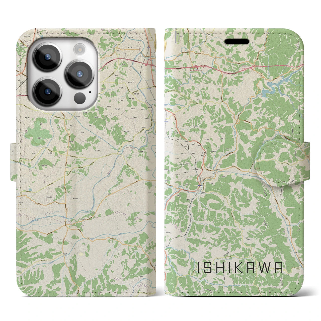 【石川(福島県)】地図柄iPhoneケース(手帳タイプ)ナチュラル・iPhone 14 Pro 用
