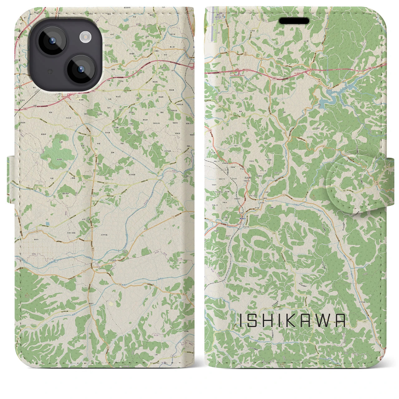 【石川(福島県)】地図柄iPhoneケース(手帳タイプ)ナチュラル・iPhone 14 Plus 用