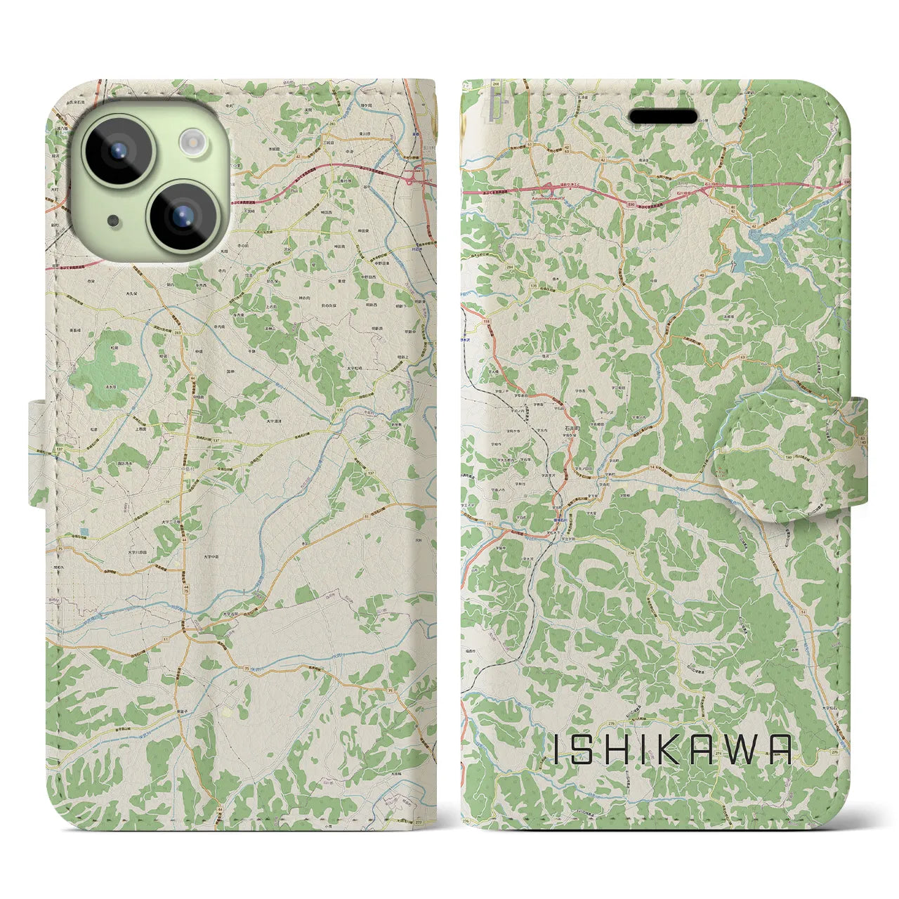 【石川(福島県)】地図柄iPhoneケース(手帳タイプ)ナチュラル・iPhone 15 用