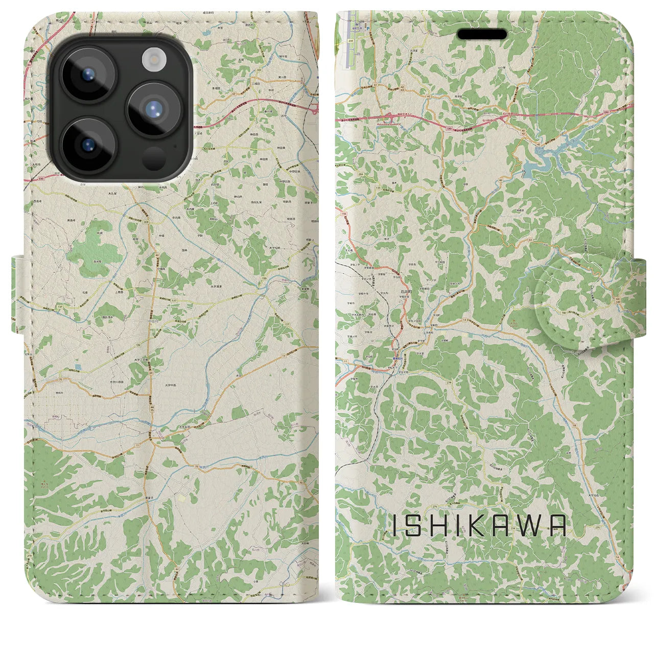 【石川(福島県)】地図柄iPhoneケース(手帳タイプ)ナチュラル・iPhone 15 Pro Max 用