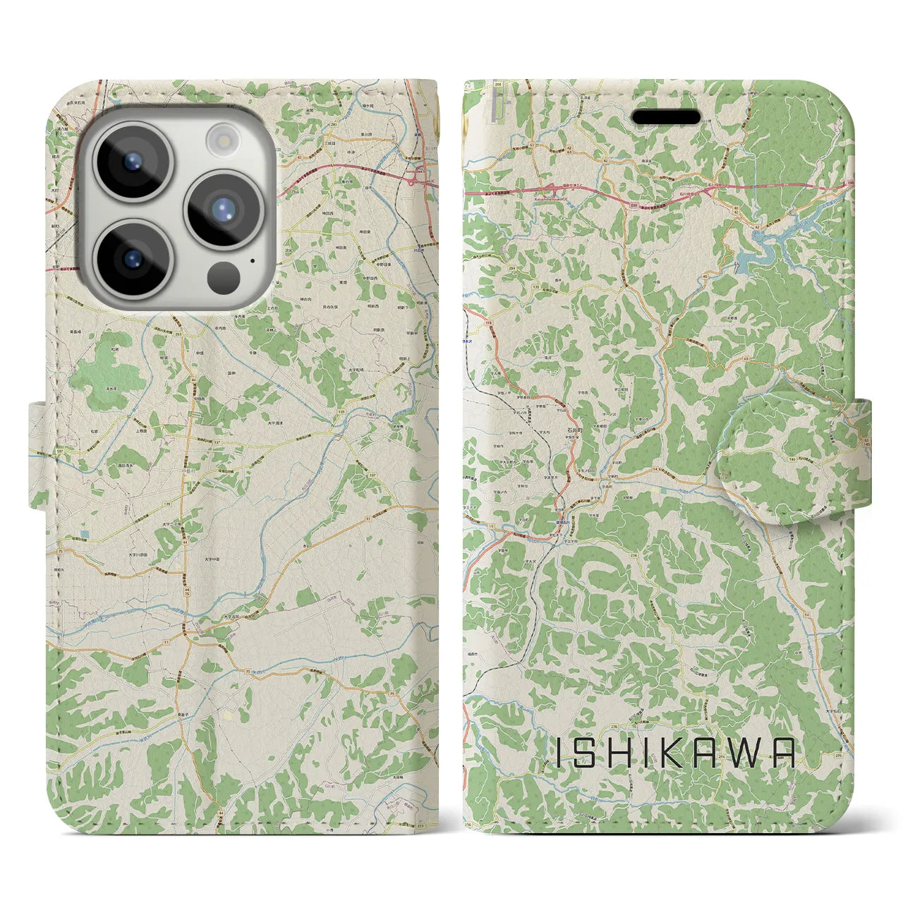 【石川(福島県)】地図柄iPhoneケース(手帳タイプ)ナチュラル・iPhone 15 Pro 用