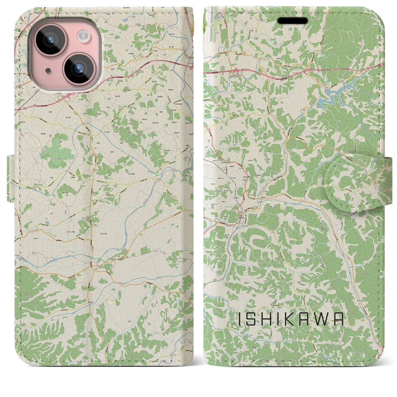 【石川(福島県)】地図柄iPhoneケース(手帳タイプ)ナチュラル・iPhone 15 Plus 用