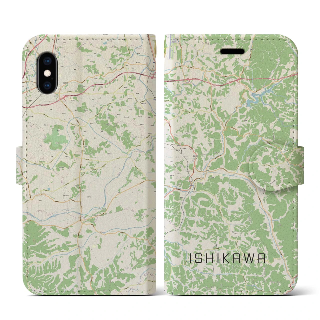 【石川(福島県)】地図柄iPhoneケース(手帳タイプ)ナチュラル・iPhone XS / X 用