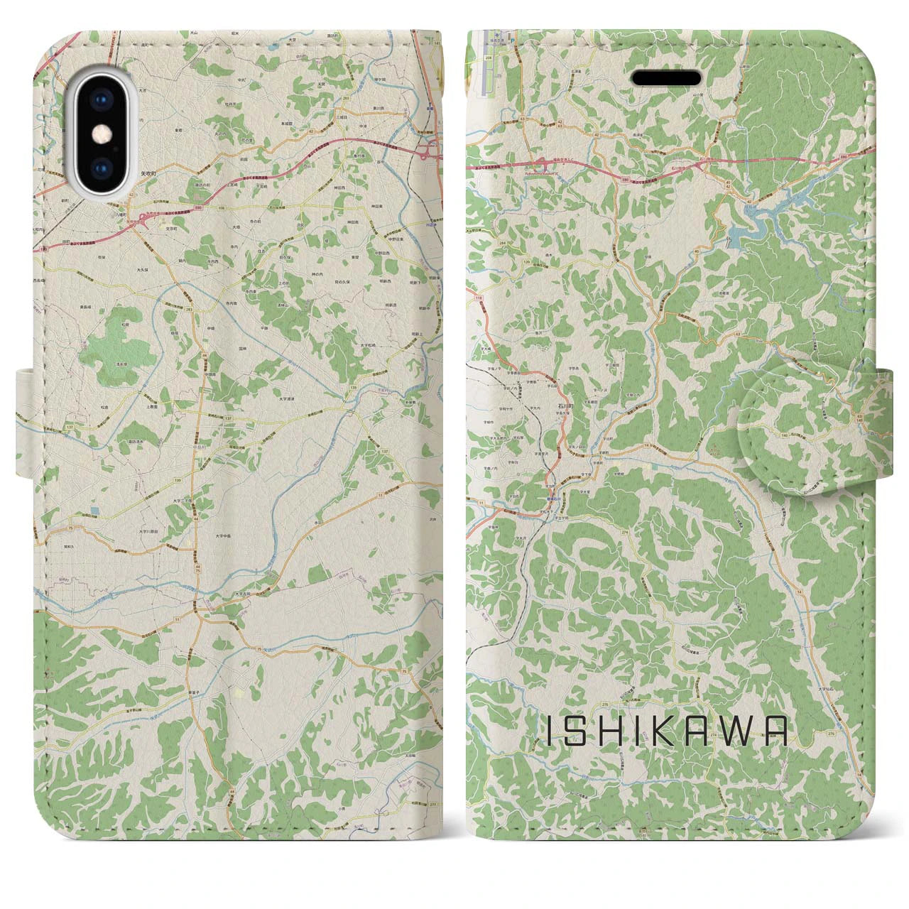 【石川(福島県)】地図柄iPhoneケース(手帳タイプ)ナチュラル・iPhone XS Max 用