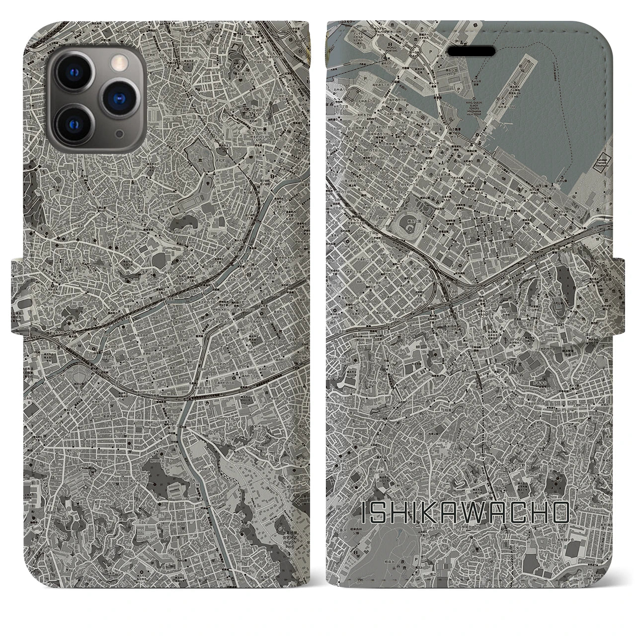 【石川町(神奈川県)】地図柄iPhoneケース(手帳タイプ)モノトーン・iPhone 11 Pro Max 用