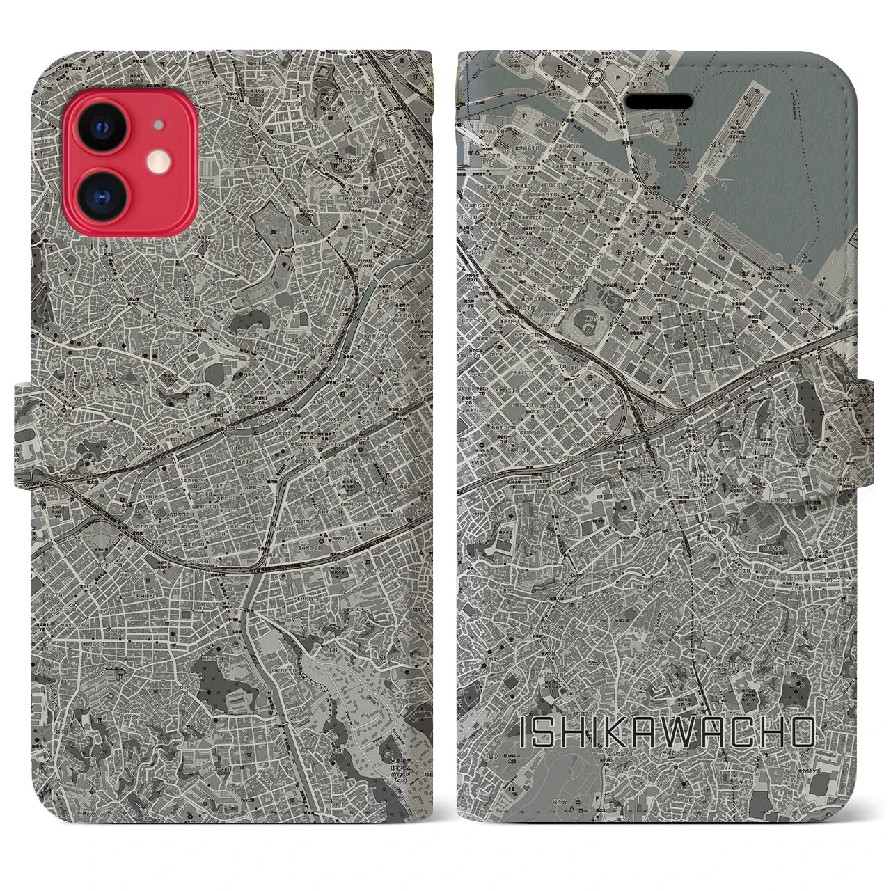 【石川町(神奈川県)】地図柄iPhoneケース(手帳タイプ)モノトーン・iPhone 11 用