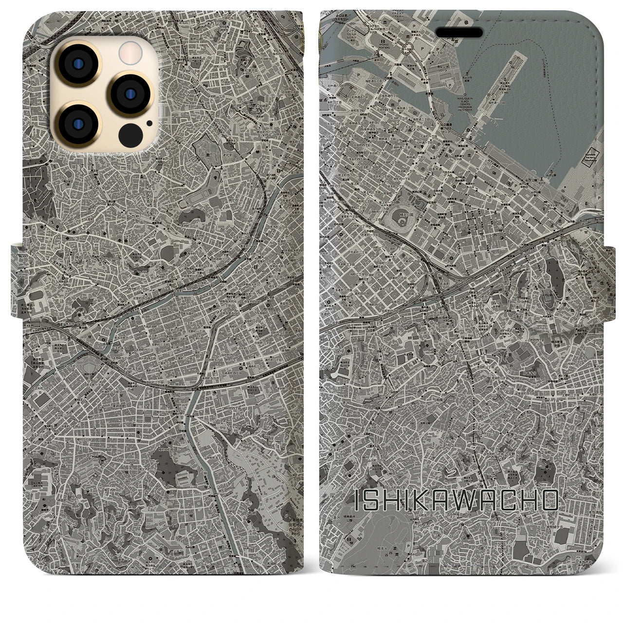 【石川町(神奈川県)】地図柄iPhoneケース(手帳タイプ)モノトーン・iPhone 12 Pro Max 用