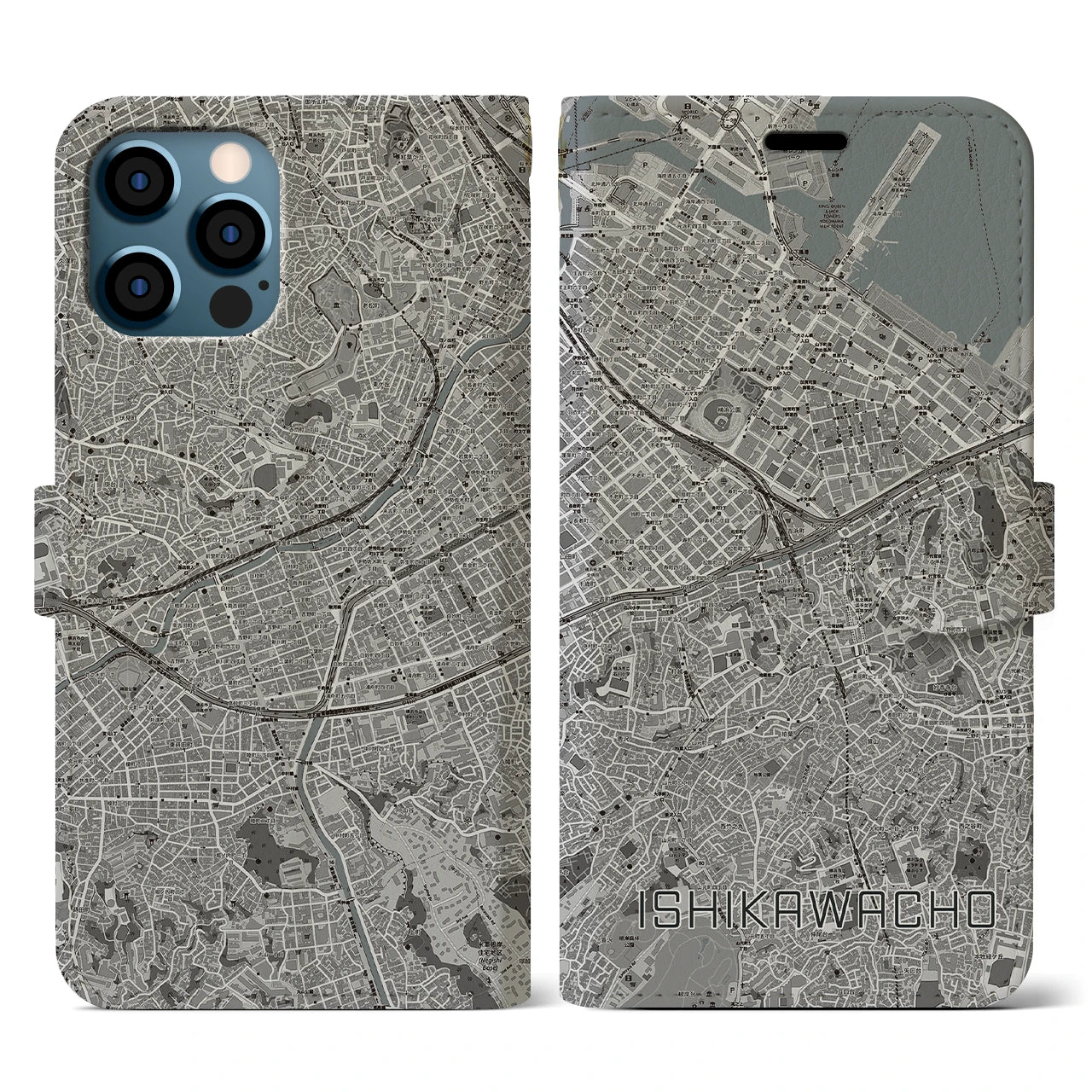 【石川町(神奈川県)】地図柄iPhoneケース(手帳タイプ)モノトーン・iPhone 12 / 12 Pro 用