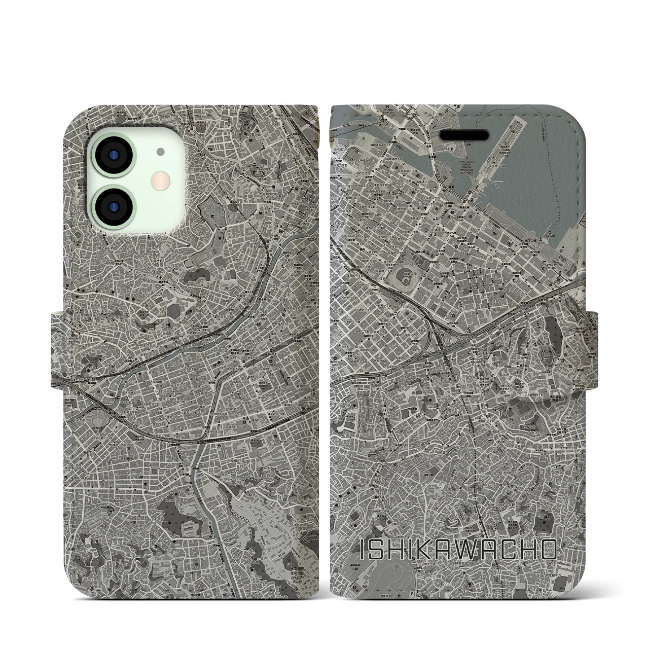 【石川町(神奈川県)】地図柄iPhoneケース(手帳タイプ)モノトーン・iPhone 12 mini 用
