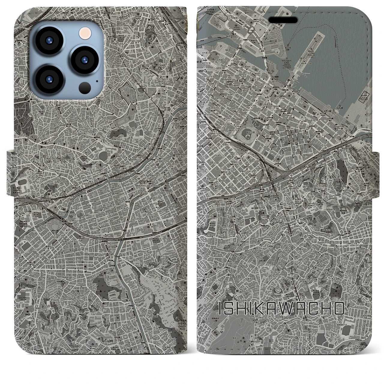 【石川町(神奈川県)】地図柄iPhoneケース(手帳タイプ)モノトーン・iPhone 13 Pro Max 用